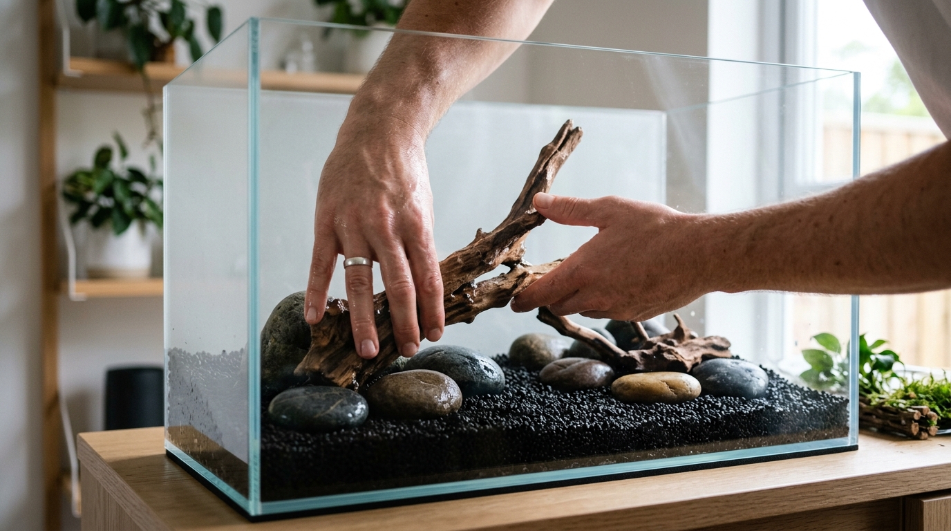Natural aquarium hardscape driftwood and porous stone layout in clean freshwater tank - attach aquarium plants