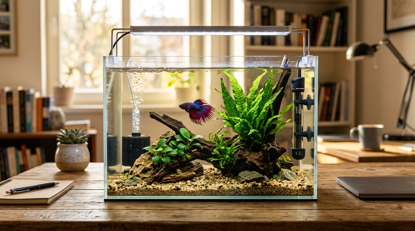 A modern rimless 5-gallon nano aquarium setup with sponge filter heater and live plants - betta fish care
