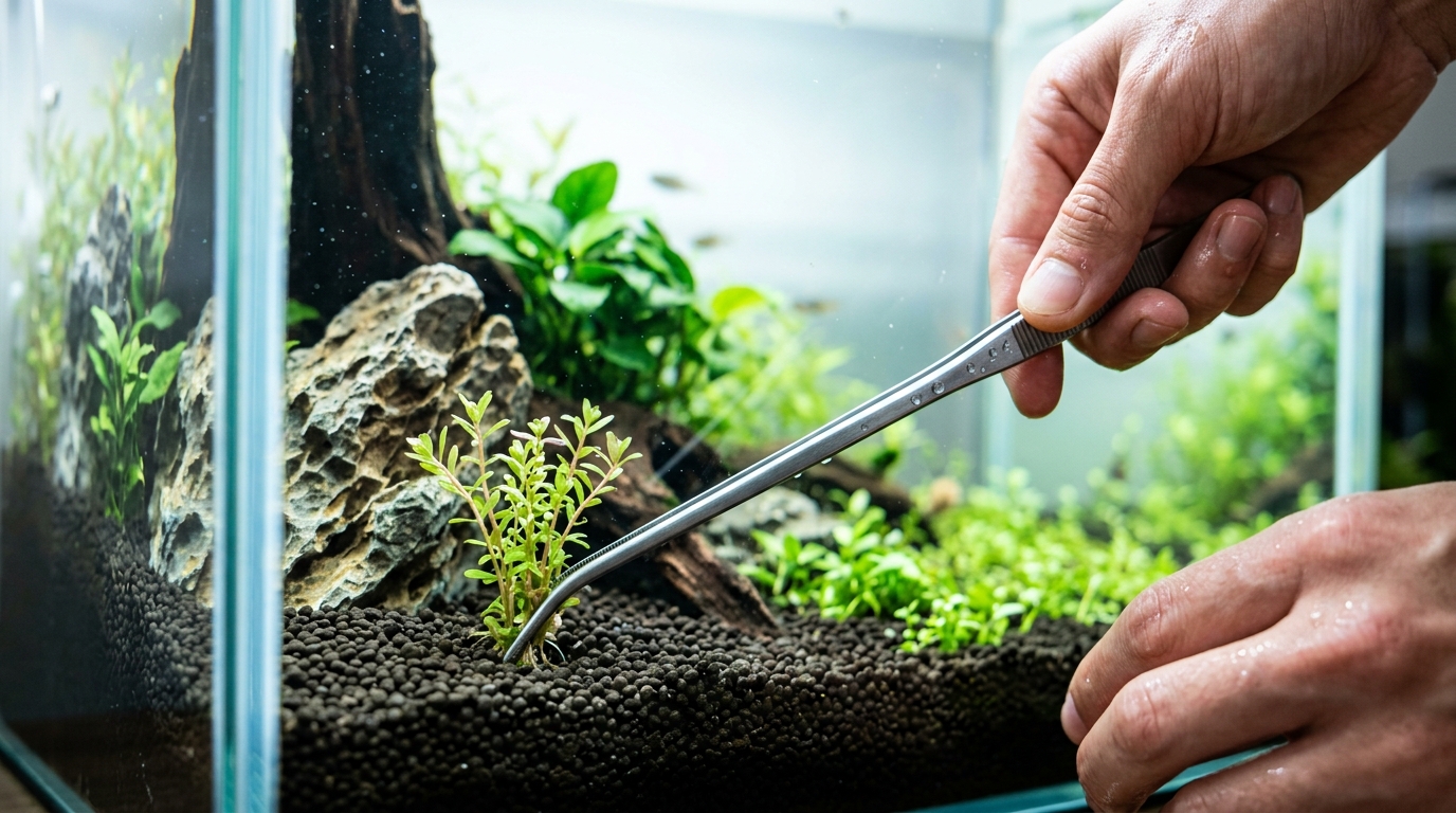 Hobbyist using aquascaping tweezers to plant stem plants in dark aqua soil substrate - planted aquarium for beginners