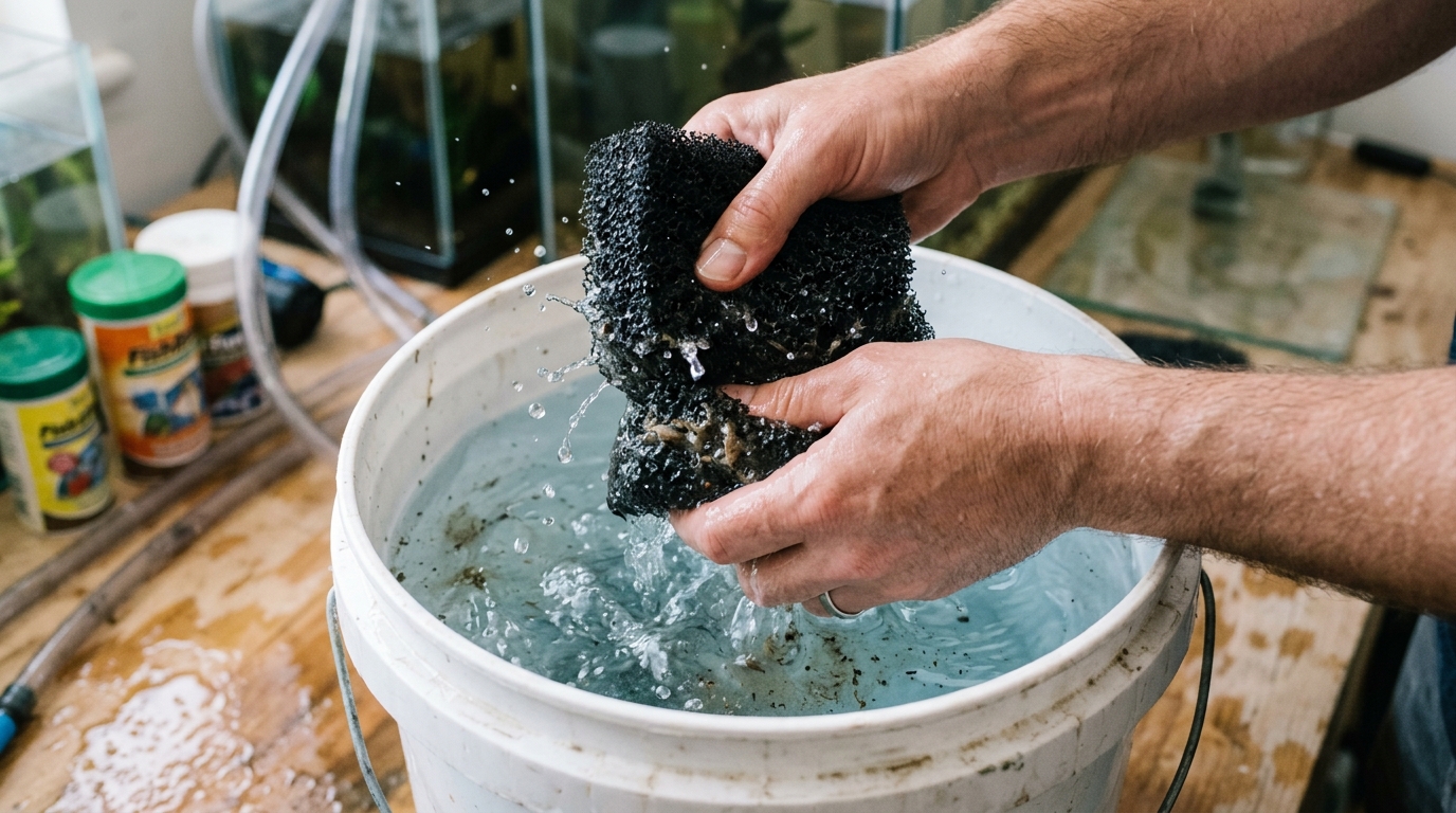 Rinsing sponge filter foam thoroughly in a bucket of dechlorinated aquarium water during maintenance