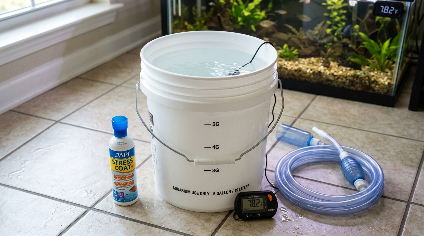 A dedicated clean 5-gallon aquarium bucket with digital thermometer and water conditioner - clean a fish tank